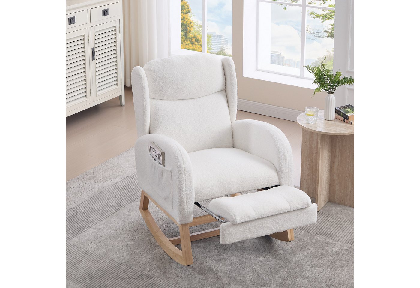HAUSS SPOLE Schaukelstuhl mit Fußstütze,Relaxsessel Schaukelsessel Polsterstuhl mit Tasche (Ergonomischer Relax- und Stillstuhl aus Teddy-Stoff, 1 St), Hohe Rückenlehne, platzsparend, ideal für Wohnzimmer & Schlafzimmer von HAUSS SPOLE