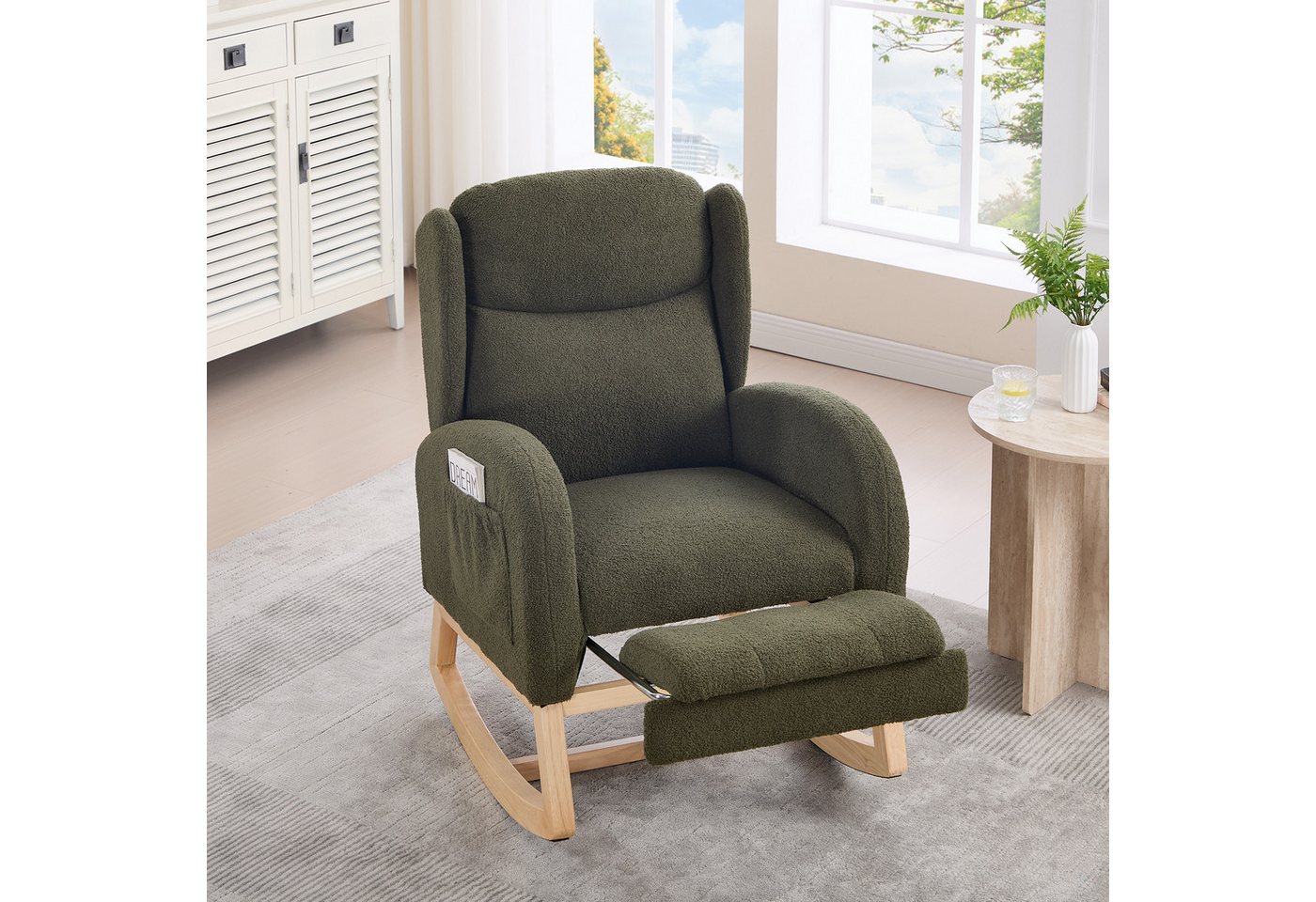 HAUSS SPOLE Schaukelstuhl mit Fußstütze,Relaxsessel Schaukelsessel Polsterstuhl mit Tasche (Ergonomischer Relax- und Stillstuhl aus Teddy-Stoff, 1 St), Hohe Rückenlehne, platzsparend, ideal für Wohnzimmer & Schlafzimmer von HAUSS SPOLE