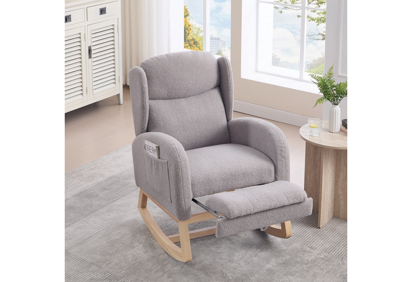 HAUSS SPOLE Schaukelstuhl mit Fußstütze,Relaxsessel Schaukelsessel Polsterstuhl mit Tasche (Ergonomischer Relax- und Stillstuhl aus Teddy-Stoff, 1 St), Hohe Rückenlehne, platzsparend, ideal für Wohnzimmer & Schlafzimmer von HAUSS SPOLE