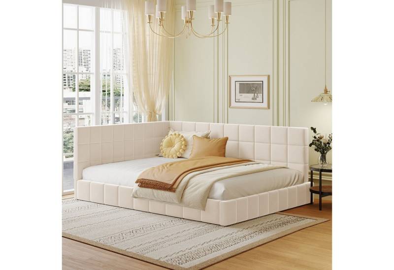 HAUSS SPOLE Schlafsofa 140*200 Multifunktionsbett mit Lattenrost aus Samtstoff Beige, Die Rückenlehne kann je nach Platzbedarf nach links oder rechts verändert werden von HAUSS SPOLE