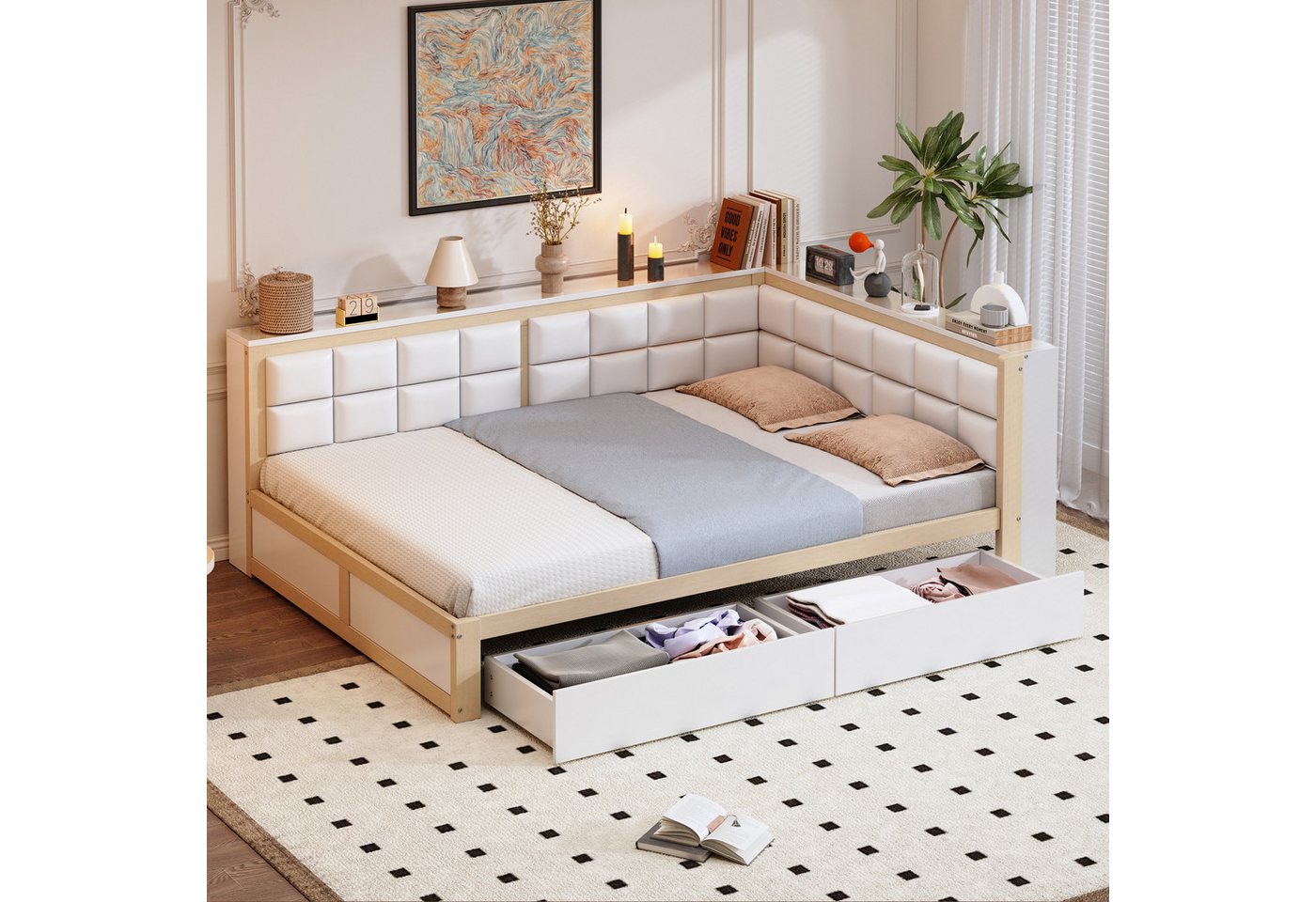 HAUSS SPOLE Schlafsofa 140 x 200 cm, mit Rückenlehne, Stauraum und Schubladen, Holzfarbe von HAUSS SPOLE