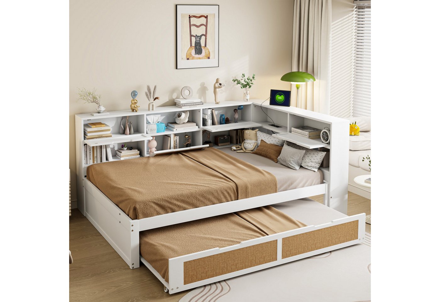 HAUSS SPOLE Schlafsofa 140x200 mit Ausziehbett, vielen Staufächern und Ladeanschluss Weiß, Multifunktionales Holz-Schlafsofa 140x200 cm mit Ausziehbett, Stauraum & USB-Ladeanschluss – Ideal für Kinderzimmer & Gästezimmer – Modernes Design, ohne Matratze von HAUSS SPOLE