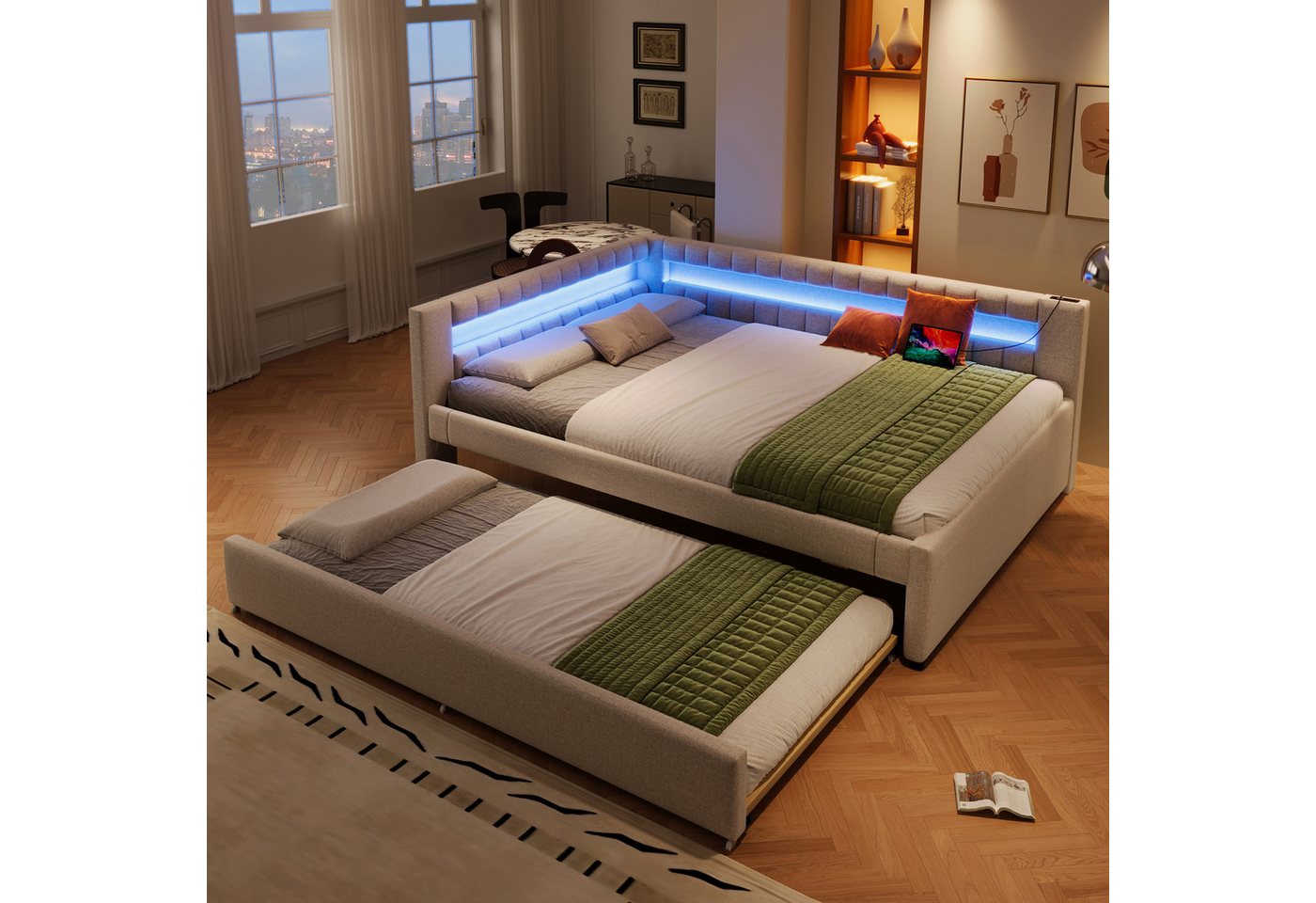 HAUSS SPOLE Schlafsofa 140x200 mit LED-Lichtleiste, Ausziehbett, USB + TYPE-C, Leinen, Beige, 140x200 mit LED-Lichtleiste & USB/Type-C – Ausziehbett ohne Matratze, ohne Matratze von HAUSS SPOLE