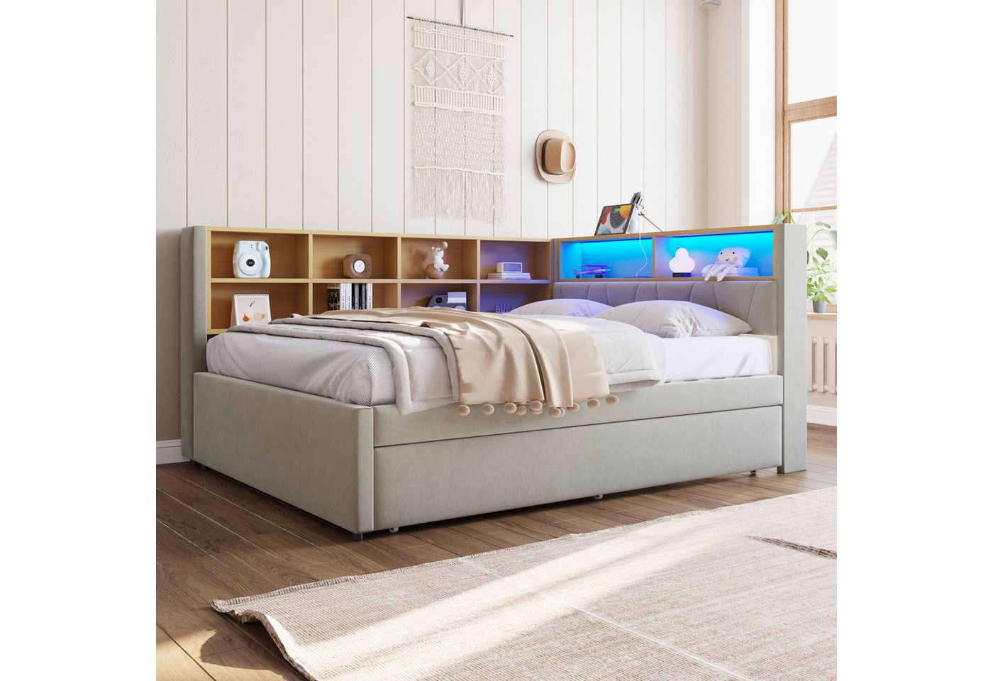 HAUSS SPOLE Schlafsofa 140x200 mit ausziehbett mit LED Leuchten und Staufächern Hellgrau, mit Ausziehbett 90x190 cm, Daybett Tagesbett mit USB-Steckdose & Stauraum, Polsterbett für Wohnzimmer & Gästezimmer 140x200 cm, ohne Matratze HAUSS SPOLE Schlafsofa 140x200 mit ausziehbett mit LED Leuchten und Staufächern Hellgrau, mit Ausziehbett 90x190 cm, Daybett Tagesbett mit USB-Steckdose & Stauraum, Polsterbett für Wohnzimmer & Gästezimmer 140x200 cm, ohne Matratze von HAUSS SPOLE
