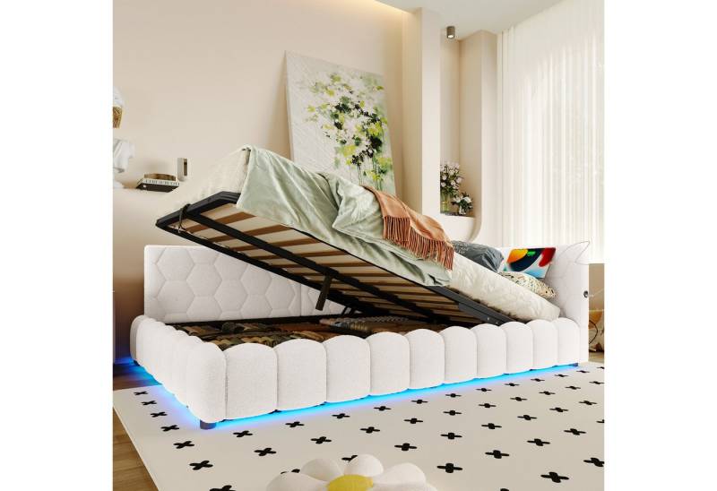HAUSS SPOLE Schlafsofa 140x200cm mit LED-Lichtleiste, USB-Anschluss, Typ-C, Vliesimitat, Weiß, 140x200 mit LED, USB & hydraulischem Stauraum, ohne Matratze von HAUSS SPOLE