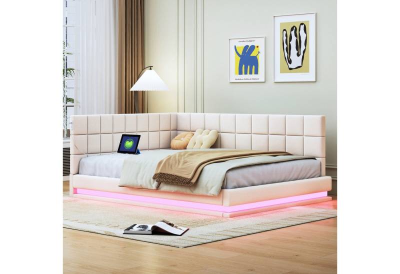 HAUSS SPOLE Schlafsofa 140x200cm mit LED Lichtleiste, USB Steckdose,  Lattenrost, Samt beige von HAUSS SPOLE