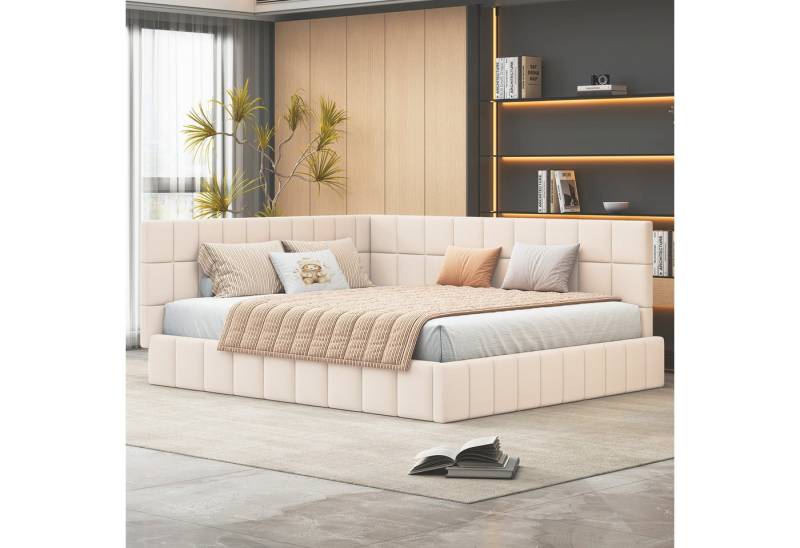 HAUSS SPOLE Schlafsofa 160x200cm Multifunktionsbett mit Lattenrost aus Samtstoff Beige, Die Rückenlehne kann je nach Platzbedarf nach links oder rechts verändert werden 160 x200 cm von HAUSS SPOLE