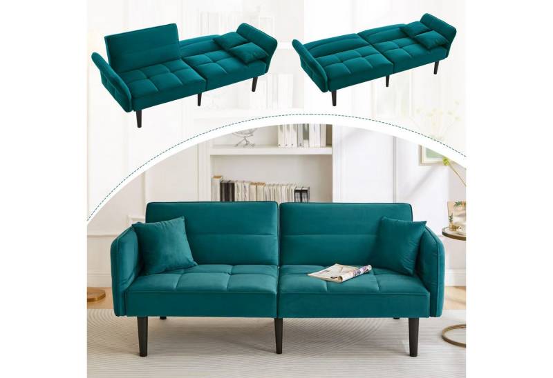 HAUSS SPOLE Schlafsofa 2-in-1 Schlafsofa mit klappbaren Armlehnen & Schlaffunktion Blaugrün, Wohnzimmersofa, Polstersofa, Daybett 1 Teile, mit Samtbezug, klappbaren Armlehnen von HAUSS SPOLE