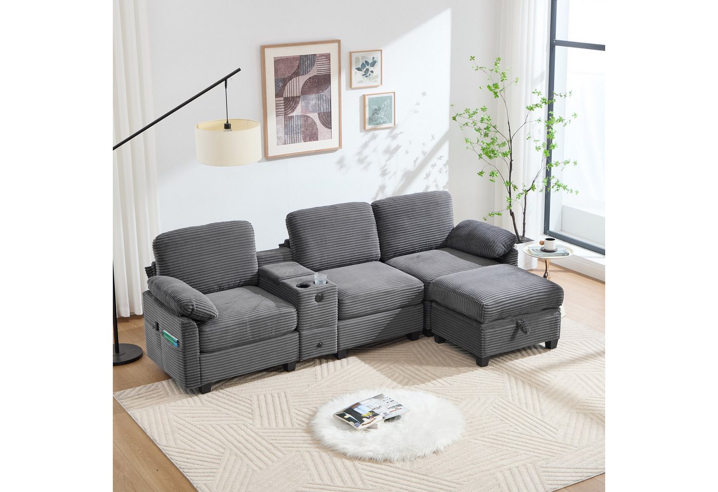 HAUSS SPOLE Schlafsofa 3-Sitzer Cord-Ecksofa mit USB-C Wohnzimmersofa mit beweglicher Hocker HAUSS SPOLE Schlafsofa 3-Sitzer Cord-Ecksofa mit USB-C Wohnzimmersofa mit beweglicher Hocker von HAUSS SPOLE