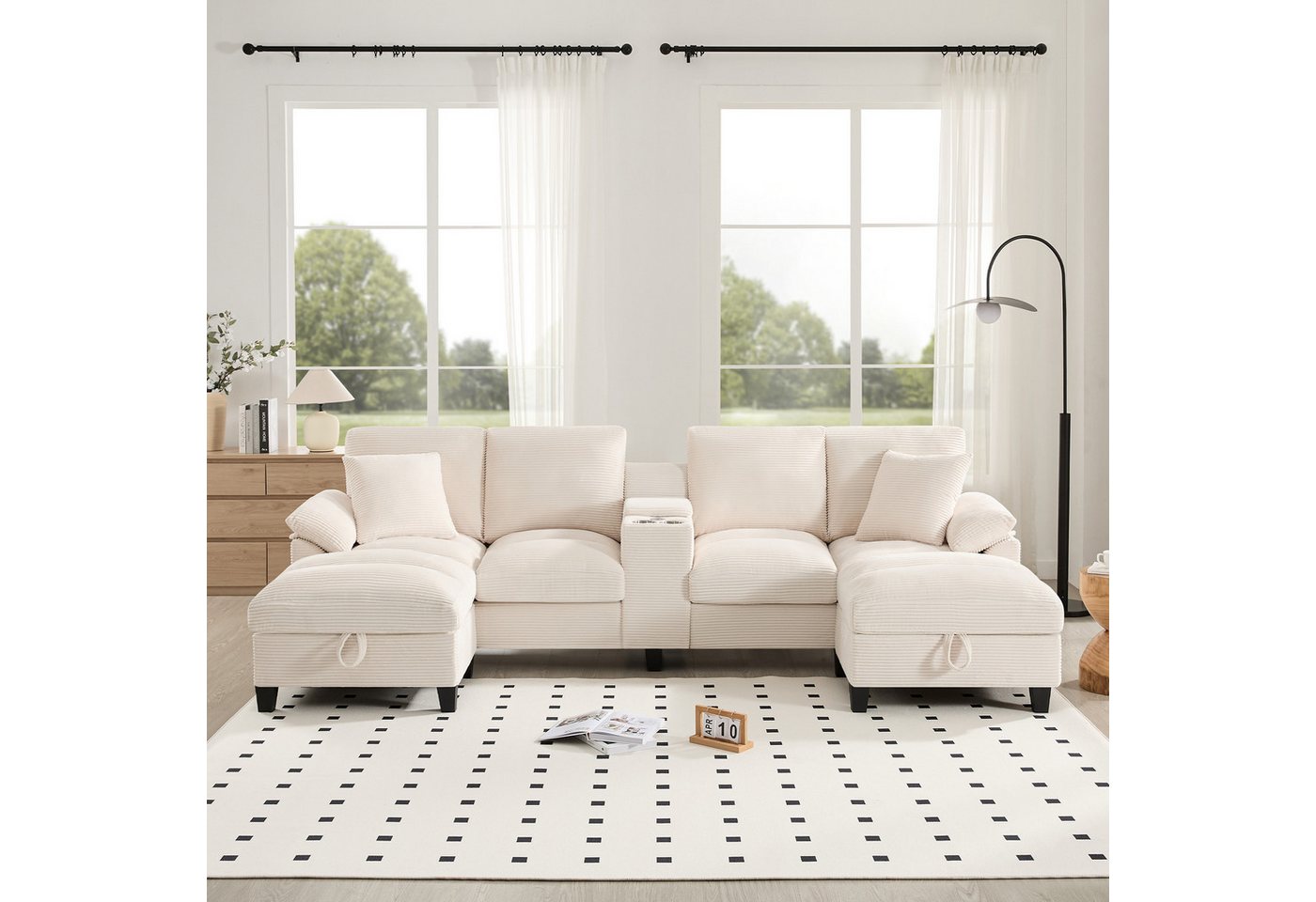 HAUSS SPOLE Schlafsofa 4-Sitzer-Sofa U-Form Loungesofa Ecksofa mit Stauraum&2 USB-Anschlüssen, Set 1 Teile, mit Kissen, Getränkehaltern aus Edelstahl und zwei USB-Anschlüssen von HAUSS SPOLE