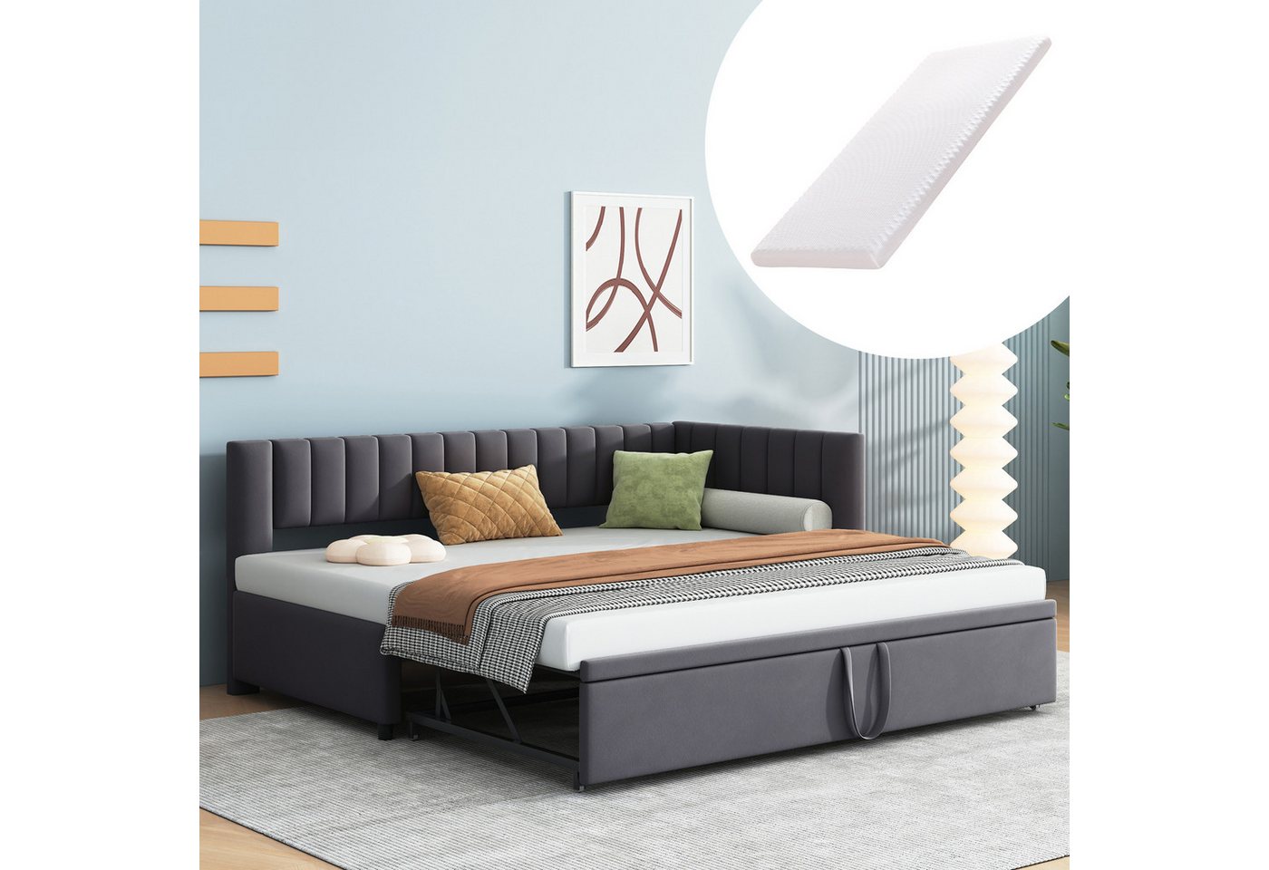 HAUSS SPOLE Schlafsofa 90/180x200cm mit Ausziehbett, L-förmiges Schlafsofa Grau mit Matratze von HAUSS SPOLE