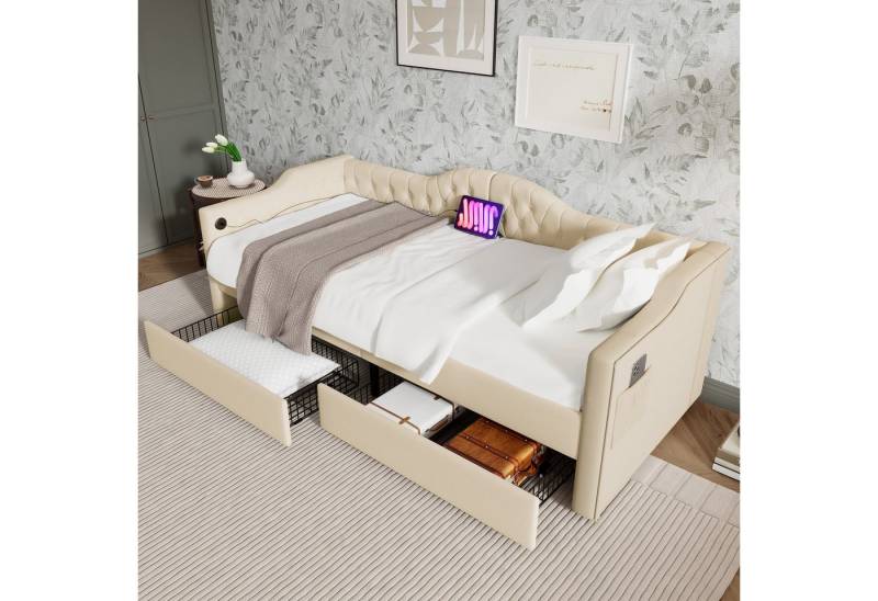 HAUSS SPOLE Schlafsofa 90x190cm Daybett mit USB Type C Ladefunktion, 2 Schubladen Beige Samt, 90x190cm, mit USB Type C Ladefunktion und 2 Schubladen von HAUSS SPOLE