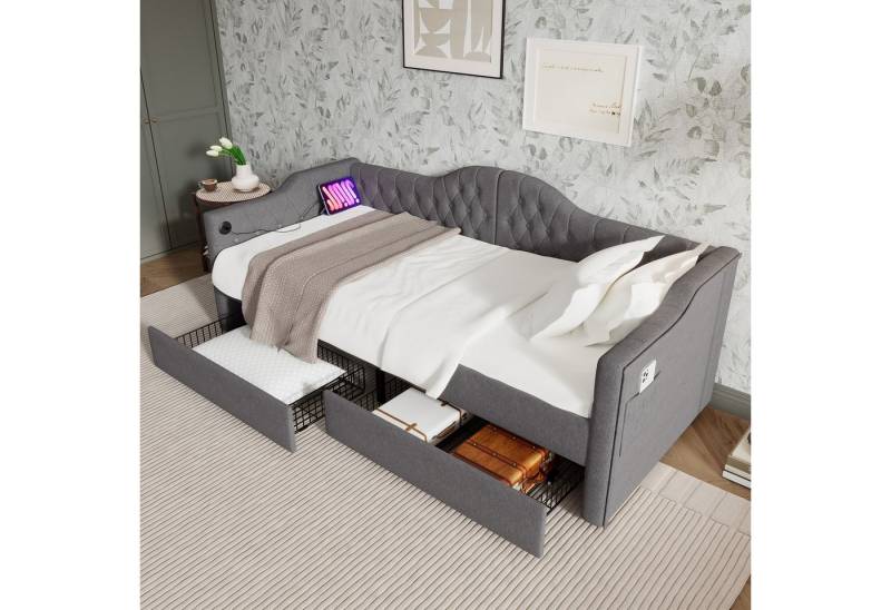 HAUSS SPOLE Schlafsofa 90x190cm Daybett mit USB Type C Ladefunktion, 2 Schubladen Grau Leinen, 90x190cm, mit USB Type C Ladefunktion und 2 Schubladen von HAUSS SPOLE