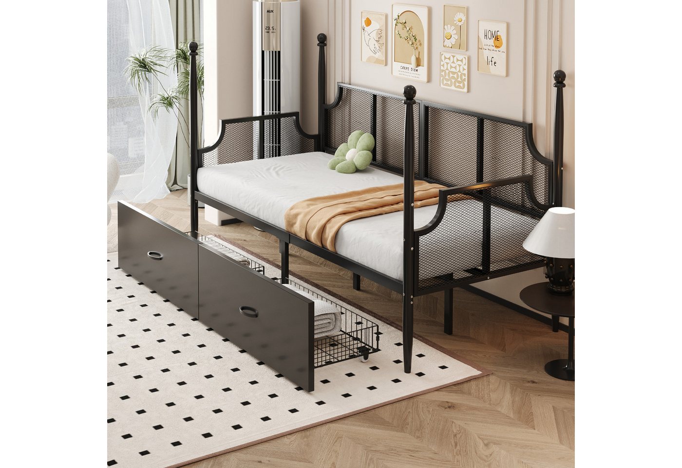 HAUSS SPOLE Schlafsofa 90x200, Metallrahmen mit Ablagefächern, Netzrückenlehne Schwarz, 90x200 cm mit Netzrückenlehne & Stauraum, Multifunktionales Tagesbett mit hohem Rahmen, ohne Matratze HAUSS SPOLE Schlafsofa 90x200, Metallrahmen mit Ablagefächern, Netzrückenlehne Schwarz, 90x200 cm mit Netzrückenlehne & Stauraum, Multifunktionales Tagesbett mit hohem Rahmen, ohne Matratze von HAUSS SPOLE