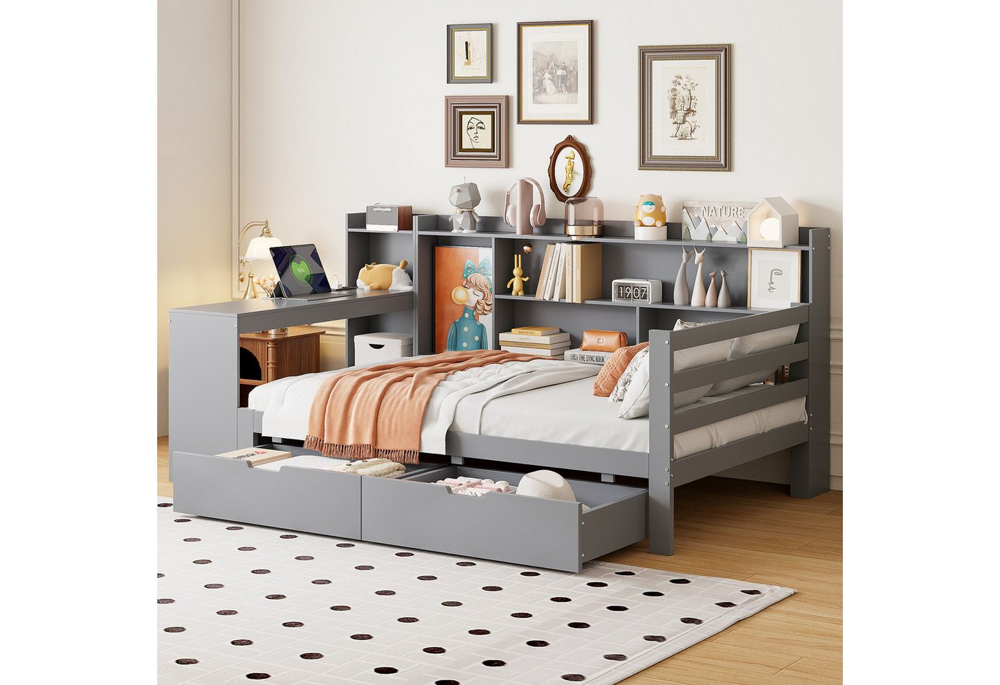 HAUSS SPOLE Schlafsofa 90x200 cm mit Schreibtisch Bücherregal, Steckdose, 2 Schubladen, Grau HAUSS SPOLE Schlafsofa 90x200 cm mit Schreibtisch Bücherregal, Steckdose, 2 Schubladen, Grau von HAUSS SPOLE