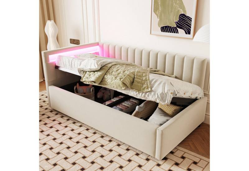 HAUSS SPOLE Schlafsofa 90x200 mit LED-Beleuchtung und hydraulischem Stauraum, Samt, Beige, hydraulischem Stauraum & verstellbarem Kopfteil, mit LED-Beleuchtung, mit Matratze von HAUSS SPOLE