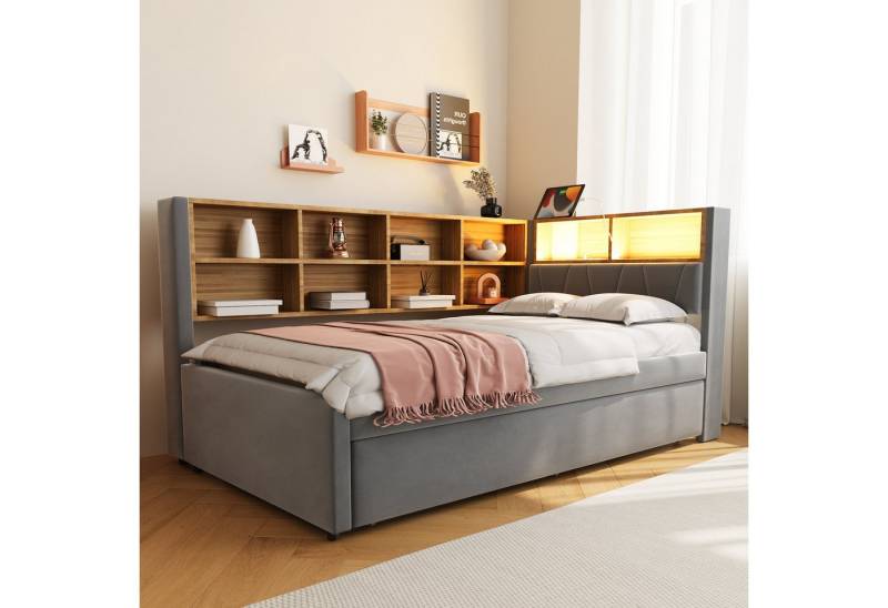 HAUSS SPOLE Schlafsofa 90x200 mit ausziehbett 90x190 mit LED Leuchten und Staufächern Grau, mit Ausziehbett 90x190 cm, Daybett Tagesbett mit USB-Steckdose & Stauraum, Polsterbett für Wohnzimmer & Gästezimmer 90x200 cm, ohne Matratze von HAUSS SPOLE