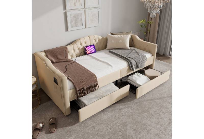 HAUSS SPOLE Schlafsofa 90x200cm Daybett mit USB Type C Ladefunktion, 2 Schubladen Beige Samt von HAUSS SPOLE