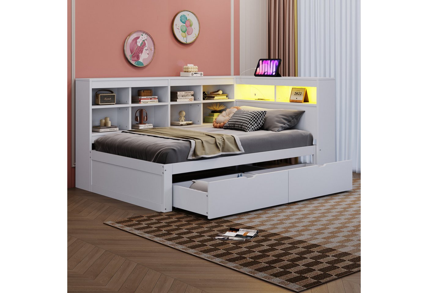 HAUSS SPOLE Schlafsofa 90x200cm mit Ablagefächern, USB, Steckdose, LED-Leiste, Regalen, Weiß HAUSS SPOLE Schlafsofa 90x200cm mit Ablagefächern, USB, Steckdose, LED-Leiste, Regalen, Weiß von HAUSS SPOLE