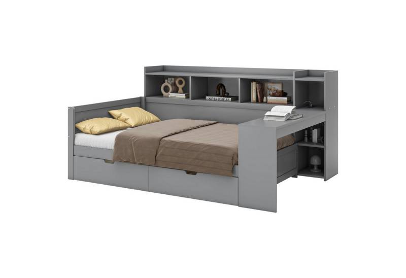 HAUSS SPOLE Schlafsofa 90x200cm mit Nachttischablage, Steckdose und USB, 2 Schubladen, Grau, Schlafsofa,mit integriertem Schreibtisch und USB-Ladeanschluss mit 2 Schubladen und Stauraum, ohne Matratze von HAUSS SPOLE