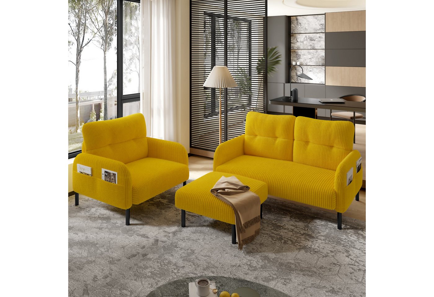 HAUSS SPOLE Schlafsofa Cord 3er-Set Relaxsessel Wohnzimmersofa 2-Sitzer Sofa mit Hocker von HAUSS SPOLE