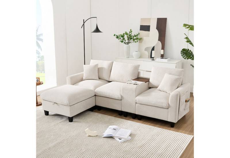 HAUSS SPOLE Schlafsofa Cord Stoff Ecksofa mit Fußhocker L-förmige Wohnzimmersofa mit Stautaum von HAUSS SPOLE