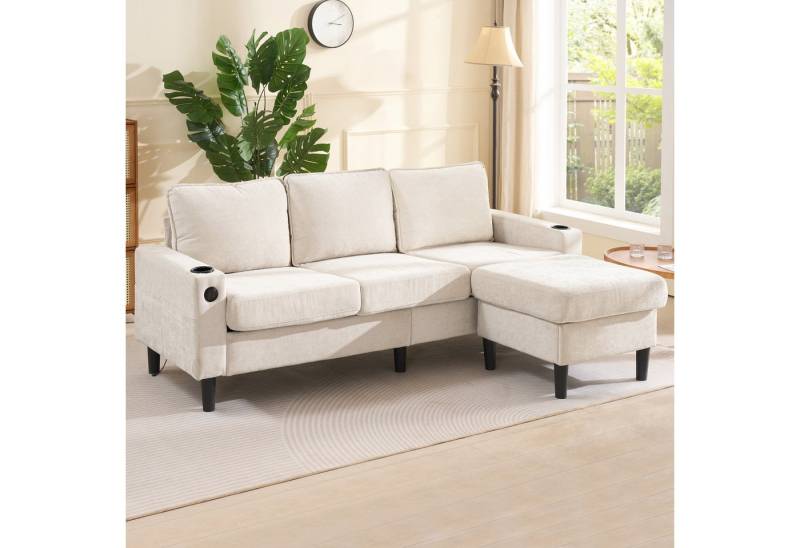 HAUSS SPOLE Schlafsofa Couch mit USB- und Typ-C-Anschlüssen, 2 Getränkehaltern Beige, Leinen, Wohnzimmersofa, Polstersofa, mit USB- und Typ-C-Anschlüssen von HAUSS SPOLE