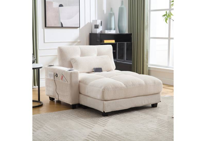 HAUSS SPOLE Schlafsofa Ecksofa Relaxsofa Polstermöbel mit Becherhaltern&USB Anschluss,Beige, klappen für den kopf,3 Getränkehalter & eine Seitentaschen,dicke Polsterung, Cordstoff, Sitzsack mit rollenden polstern,für Schlafzimmer, Wohnzimmer, Grau von HAUSS SPOLE
