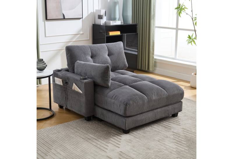 HAUSS SPOLE Schlafsofa Ecksofa Relaxsofa Polstermöbel mit Becherhaltern&USB Anschluss,Grau, klappen für den kopf,3 Getränkehalter & eine Seitentaschen,dicke Polsterung, Cordstoff, Sitzsack mit rollenden polstern,für Schlafzimmer, Wohnzimmer, Grau von HAUSS SPOLE