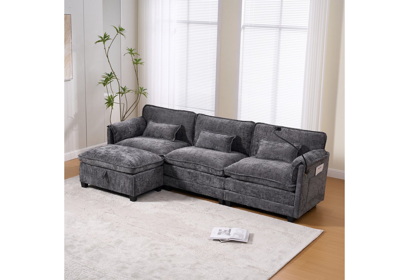 HAUSS SPOLE Schlafsofa Moderner 2-Sitzer Ecksofa mit USB-Anschluss Wohnzimmersofa mit Hocker von HAUSS SPOLE