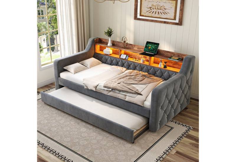 HAUSS SPOLE Schlafsofa dauerschläfer 90×190 Tagesbett ausziehbar mit Schlaffuntion & Stauraum, aus Samt mit LED-Ambiente, USB-C-Anschluss und Ausziehbett, ohne Matratze von HAUSS SPOLE