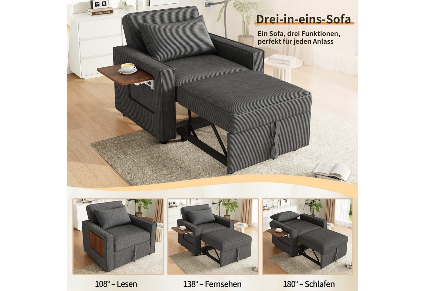 HAUSS SPOLE Schlafsofa mit Schlaffunktion Klappsofa Cord-Relaxsessel mit Getränkehalter, USB HAUSS SPOLE Schlafsofa mit Schlaffunktion Klappsofa Cord-Relaxsessel mit Getränkehalter, USB von HAUSS SPOLE