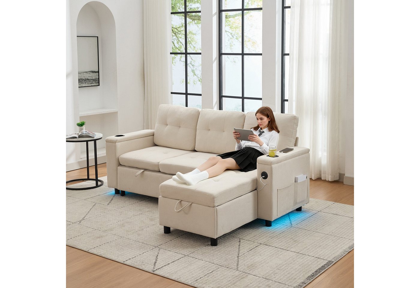 HAUSS SPOLE Schlafsofa mit bettfunktion und bettkasten Klappsofa Ecksofa mit LED-Lichtleiste, Set 1 Teile, Mit LED-Lichtleisten und verstecktem Stauraum von HAUSS SPOLE