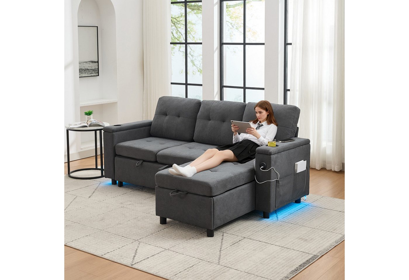 HAUSS SPOLE Schlafsofa mit bettfunktion und bettkasten Klappsofa Ecksofa mit LED-Lichtleiste, Set 1 Teile, Mit LED-Lichtleisten und verstecktem Stauraum von HAUSS SPOLE