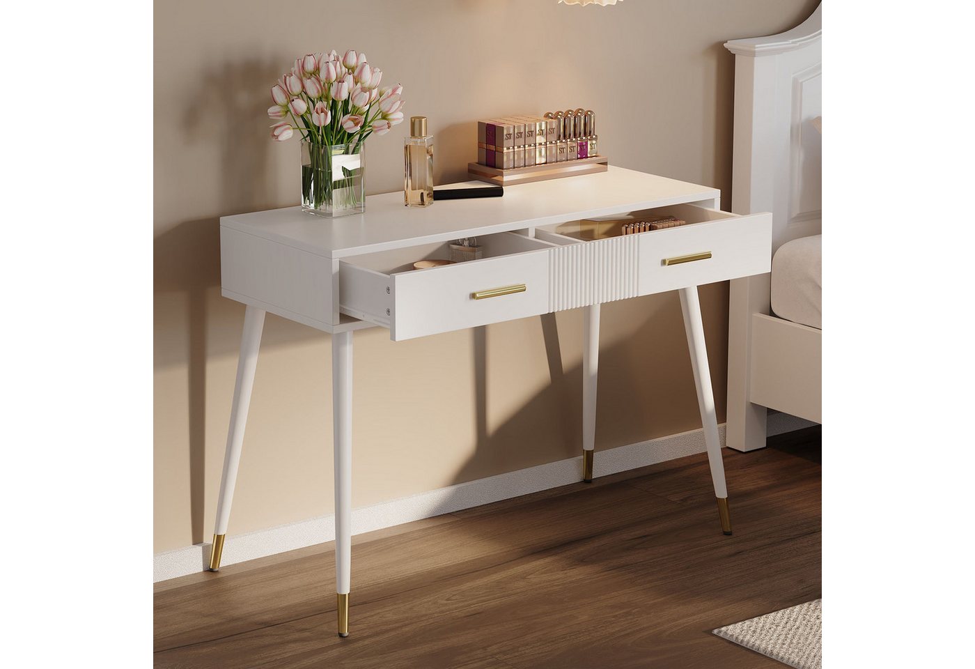 HAUSS SPOLE Schminktisch Frisiertisch ohne Spiegel,Schreibtisch weiß mit 2 Schubladen (Schminktisch Weiß mit 2 Schubladen & Goldfüßen, B100/D40/H76 cm) von HAUSS SPOLE