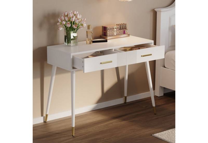 HAUSS SPOLE Schminktisch Frisiertisch ohne Spiegel,Schreibtisch weiß mit 2 Schubladen (Schminktisch Weiß mit 2 Schubladen & Goldfüßen, B100/D40/H76 cm) von HAUSS SPOLE