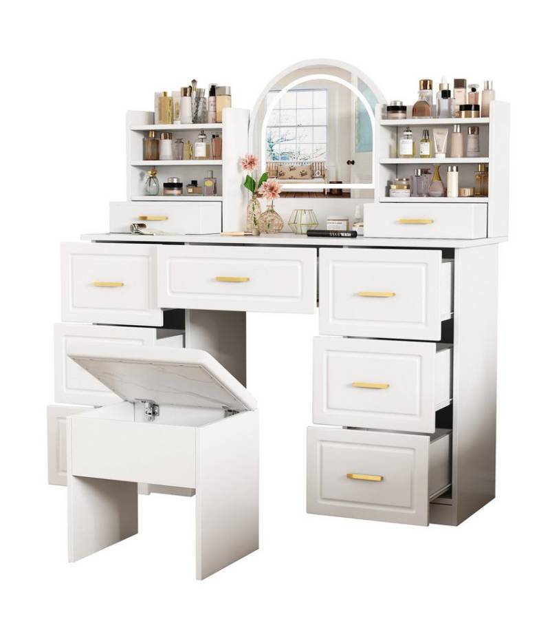 HAUSS SPOLE Schminktisch Kosmetiktisch-Set Frisiertisch Schminkkommode mit Spiegel & Schubladen (Schminktisch mit LED-Spiegel & 9 Schubladen, weiß – Eleganter Kosmetiktisch für Schlafzimmer & Wohnzimmer, verstellbare Beleuchtung, vielseitiger Stauraum, stabil und sicher., 120x40x135cm), Mit Kippsicherung von HAUSS SPOLE