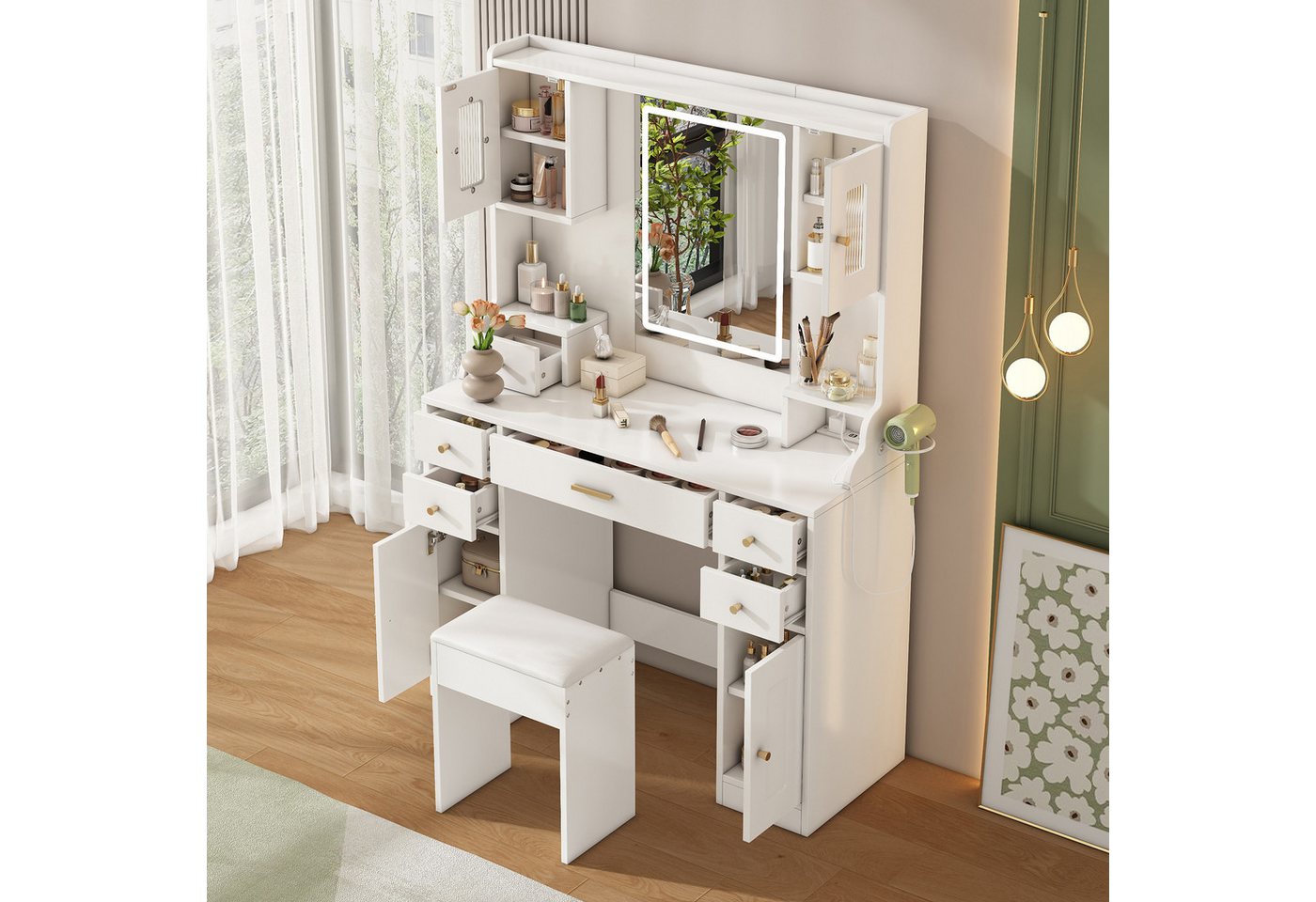 HAUSS SPOLE Schminktisch mit LED-Spiegel,Frisiertisch weiß mit Steckdosen & 6 Schubladen (Schminktisch mit LED-Beleuchtung & Steckdosen – 6 Schubladen, 4 Türen & Föhnhalter – HD-Spiegel., B105/D40/H152 cm), Mit Kippsicherung HAUSS SPOLE Schminktisch mit LED-Spiegel,Frisiertisch weiß mit Steckdosen & 6 Schubladen (Schminktisch mit LED-Beleuchtung & Steckdosen – 6 Schubladen, 4 Türen & Föhnhalter – HD-Spiegel., B105/D40/H152 cm), Mit Kippsicherung von HAUSS SPOLE