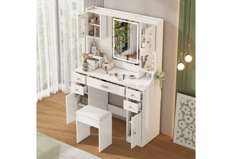 HAUSS SPOLE Schminktisch mit LED-Spiegel,Frisiertisch weiß mit Steckdosen & 6 Schubladen (Schminktisch mit LED-Beleuchtung & Steckdosen – 6 Schubladen, 4 Türen & Föhnhalter – HD-Spiegel., B105/D40/H152 cm), Mit Kippsicherung von HAUSS SPOLE