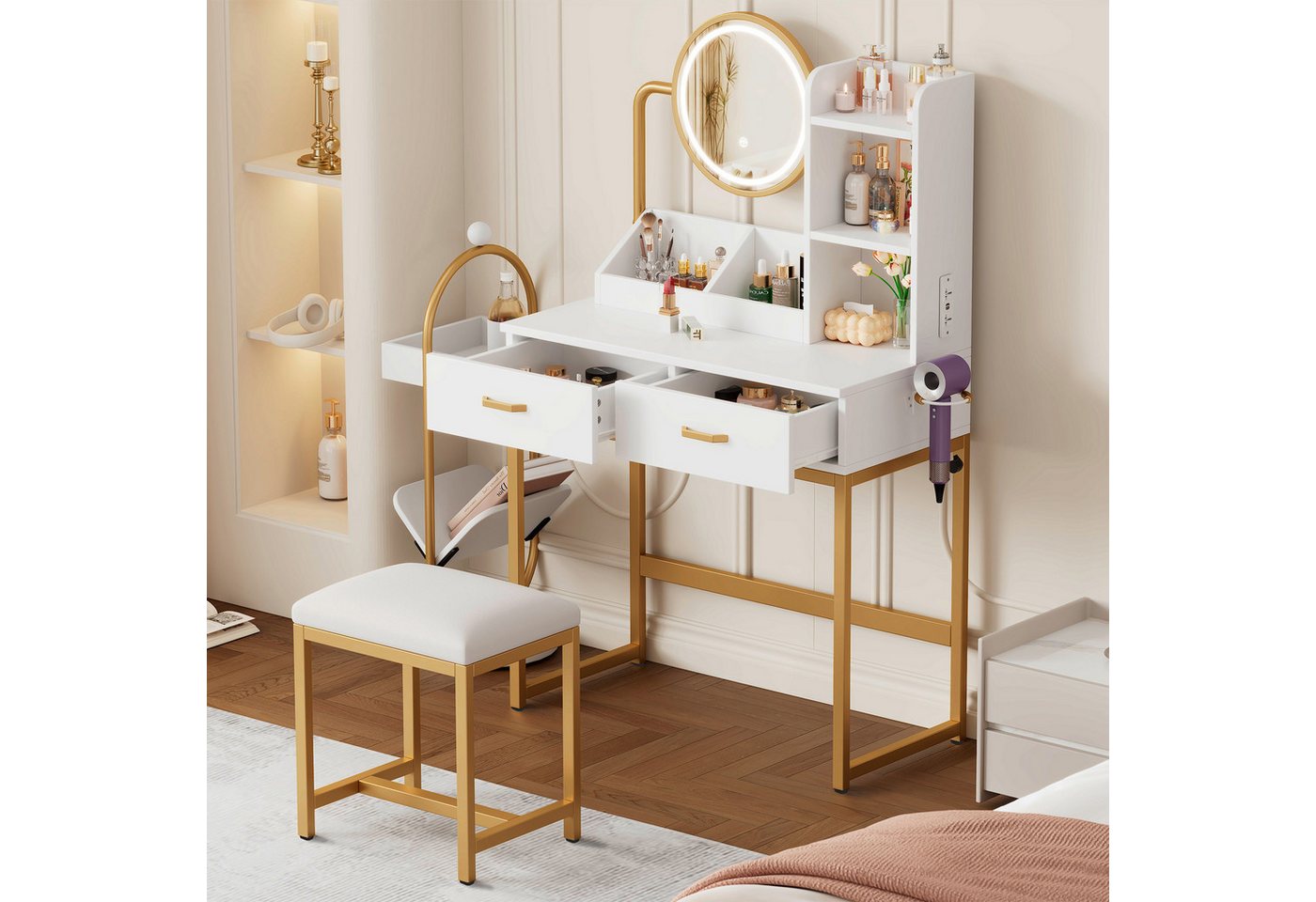 HAUSS SPOLE Schminktisch mit drehbarem LED-Spiegel,Frisiertisch mit Hocker und Steckdosen (Moderner Schminktisch mit LED-Beleuchtung, drehbarem Spiegel & Steckdosen – Inklusive Hocker & goldenen/schwarzen Metallbeinen – 2 Schubladen + 2 offene Ablageflächen., B80D40/H138.5 cm) HAUSS SPOLE Schminktisch mit drehbarem LED-Spiegel,Frisiertisch mit Hocker und Steckdosen (Moderner Schminktisch mit LED-Beleuchtung, drehbarem Spiegel & Steckdosen – Inklusive Hocker & goldenen/schwarzen Metallbeinen – 2 Schubladen + 2 offene Ablageflächen., B80D40/H138.5 cm) von HAUSS SPOLE