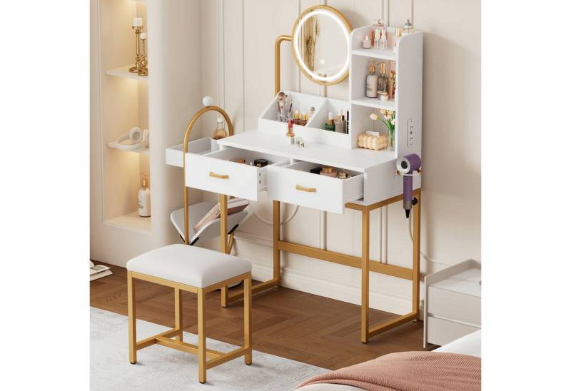 HAUSS SPOLE Schminktisch mit drehbarem LED-Spiegel,Frisiertisch mit Hocker und Steckdosen (Moderner Schminktisch mit LED-Beleuchtung, drehbarem Spiegel & Steckdosen – Inklusive Hocker & goldenen/schwarzen Metallbeinen – 2 Schubladen + 2 offene Ablageflächen., B80D40/H138.5 cm) von HAUSS SPOLE