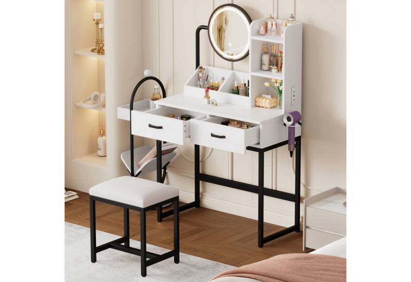 HAUSS SPOLE Schminktisch mit drehbarem LED-Spiegel,Frisiertisch weiß mit Hocker und Steckdosen (Moderner Schminktisch mit LED-Beleuchtung, drehbarem Spiegel & Steckdosen – Inklusive Hocker & goldenen/schwarzen Metallbeinen – 2 Schubladen + 2 offene Ablageflächen., B80D40/H138.5 cm) von HAUSS SPOLE