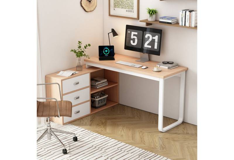 HAUSS SPOLE Schreibtisch Bürotisch l-form mit drei Schubladen,Moderner Eckschreibtisch,natur (Schlichter Büroschreibtisch mit 3 Schubladen & 2 offenen Ablagefächern, stabile MDF-Tischplatte, Stahlrohrrahmen, modernes Design., 147 x 100 x 75.3cm), zwei offene Ablagefächer von HAUSS SPOLE