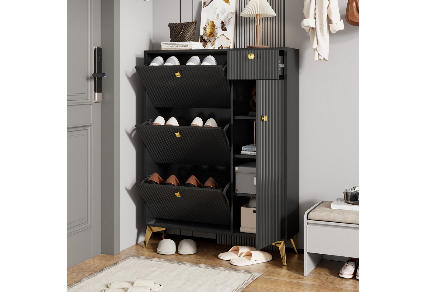 HAUSS SPOLE Schuhschrank 121×90×25cm Schuhkipper Schuhkommode mit 3 Klappen, Schublade (Schuhschrank mit 3 Klappen, 1 Schublade und 1 Tür, Schuhregal, 1-St., mit verstellbaren Regalböden und Kippsicherung) mit Wellenform-Design,multifunktionalem Stauraum für Schuhe/Taschen HAUSS SPOLE Schuhschrank 121×90×25cm Schuhkipper Schuhkommode mit 3 Klappen, Schublade (Schuhschrank mit 3 Klappen, 1 Schublade und 1 Tür, Schuhregal, 1-St., mit verstellbaren Regalböden und Kippsicherung) mit Wellenform-Design,multifunktionalem Stauraum für Schuhe/Taschen von HAUSS SPOLE