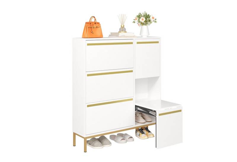 HAUSS SPOLE Schuhschrank mit Hocker, Schuhregal mit 3 Klappen und offener Ablagefläche Weiß (Schuhregal, Schuhkommode, 1-St., dreifach klappbarem Schuhregal, glänzende Oberfläche) mit Schuhwechselhocker, offenem Stauraum von HAUSS SPOLE