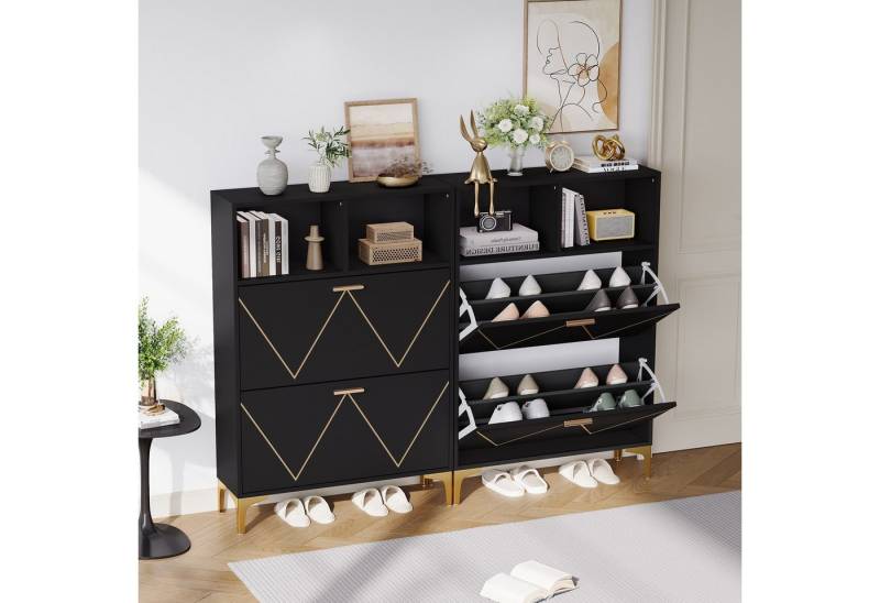 HAUSS SPOLE Schuhschrank mit Klapptüren,2er-Set Aufbewahrungsschrank Schuhregal mit 8 fächern (Sideboard, Schuhkommode, 2-St., 4 Schuhablagefächern, 2 halboffenen Ablageflächen) MDF+Metall von HAUSS SPOLE