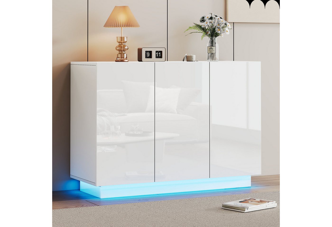 HAUSS SPOLE Sideboard 120x40x75cm Hochglanz mit Sockel LED-Licht, 3 Türen Kommode weiß (Buffetschrank, Küchenmöbel, Anrichte, Wohnzimmerschrank, 1 St., 3 Türen), mit LED-Licht von HAUSS SPOLE