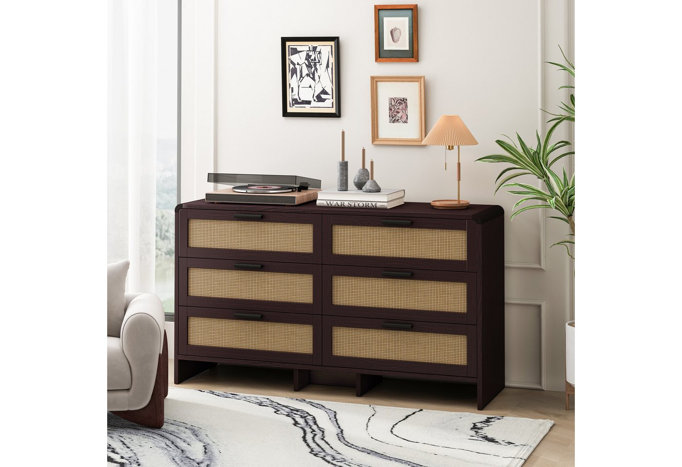 HAUSS SPOLE Sideboard 130cm Mehrzweckschrank Kommode Beistellschrank mit 6 Schubladen (Rattan-Eckschrank mit 6 Schubladen – Robuste Bauweise, Arc-Form Design, Viel Stauraum für Wohnzimmer, Schlafzimmer & Küche, Natürlicher Rattan-Look für modernes Zuhause, 130 cm) von HAUSS SPOLE
