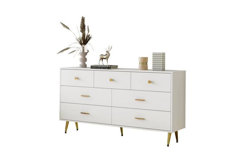 HAUSS SPOLE Sideboard 140x35x76cm mit 7 Schubladen, goldene Griffe, goldene Beine, Weiß (7 Schubladen,goldene Griffe, goldene Beine), moderes Design von HAUSS SPOLE