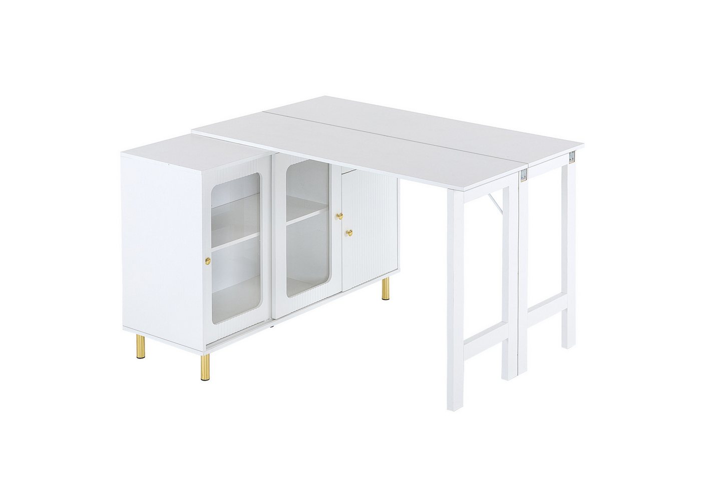 HAUSS SPOLE Sideboard 360° Schreibtisch Vitrine mit höhenverstellbaren Einlegeböden (Kommode, Anrichte, Wohnzimmerschrank, Ecktisch, Computertisch, 1 St., 1 klappbarem Tisch, 3 Türen, 1 Schublade), mit klappbarem Ausziehtisch, Wellenmuster Design von HAUSS SPOLE
